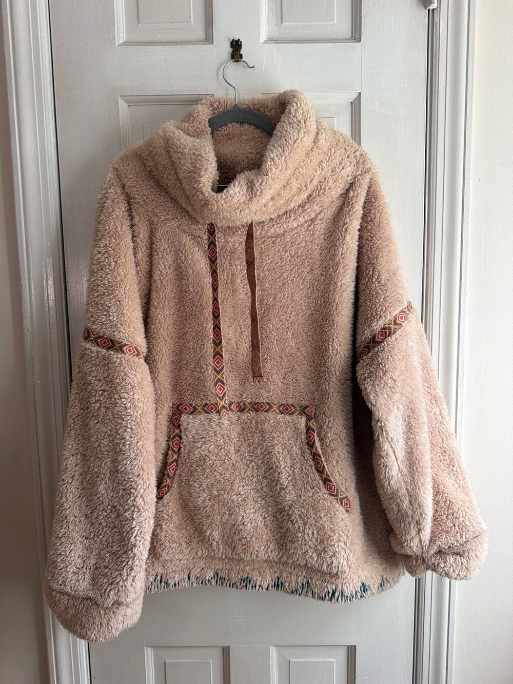 Sundance Plush Sherpa Fleece Cowl Neck Pullover Dusty Rose Tan Women's Medium